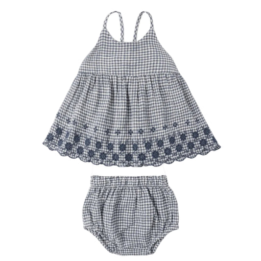 Children's blue and white checkered dress with matching bloomers on a white background