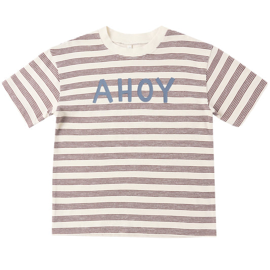 Striped t-shirt with 'AHoy' text on a white background