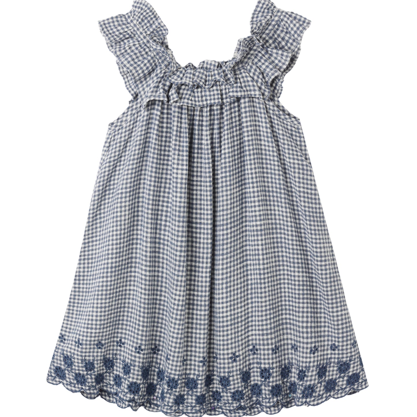 Blue and white checkered dress with ruffled straps on a white background
