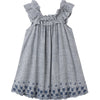 Blue and white checkered dress with ruffled straps on a white background