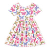 Children's dress with colorful butterfly pattern on a white background