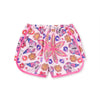 Colorful children's shorts with butterfly and flower pattern on a white background