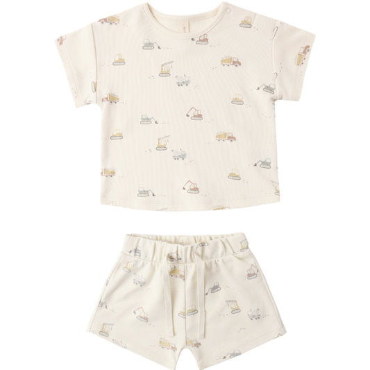 Children's t-shirt and shorts set with vehicle pattern on a white background