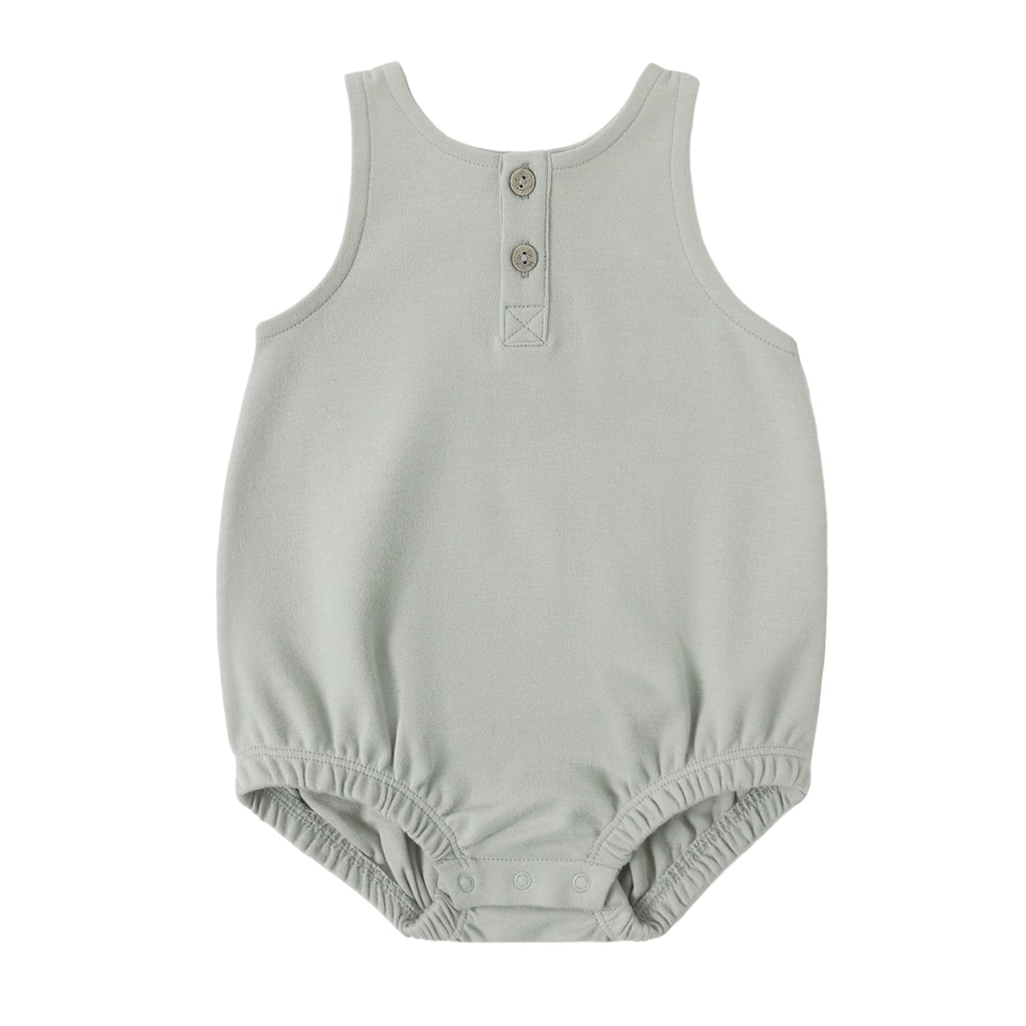 Light gray baby romper with button details on a white background