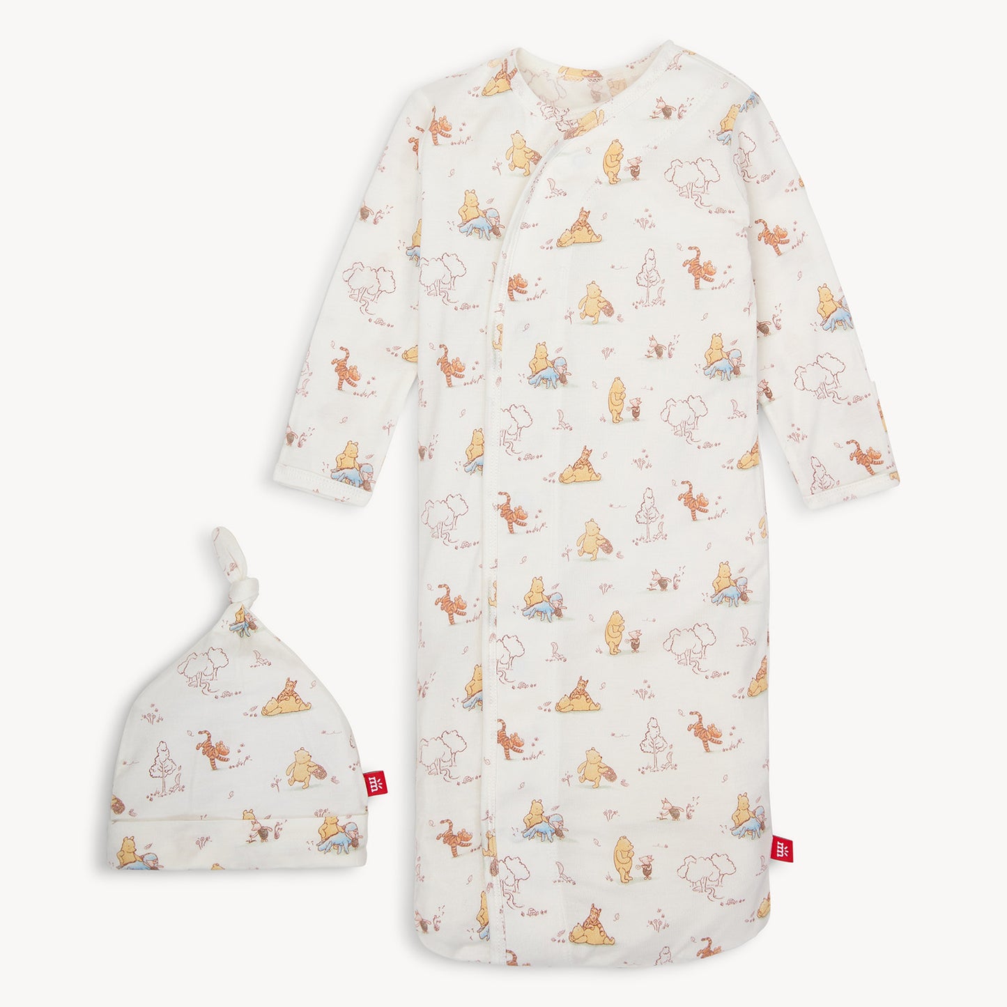 Baby sleeping bag and hat set with animal pattern on a white background