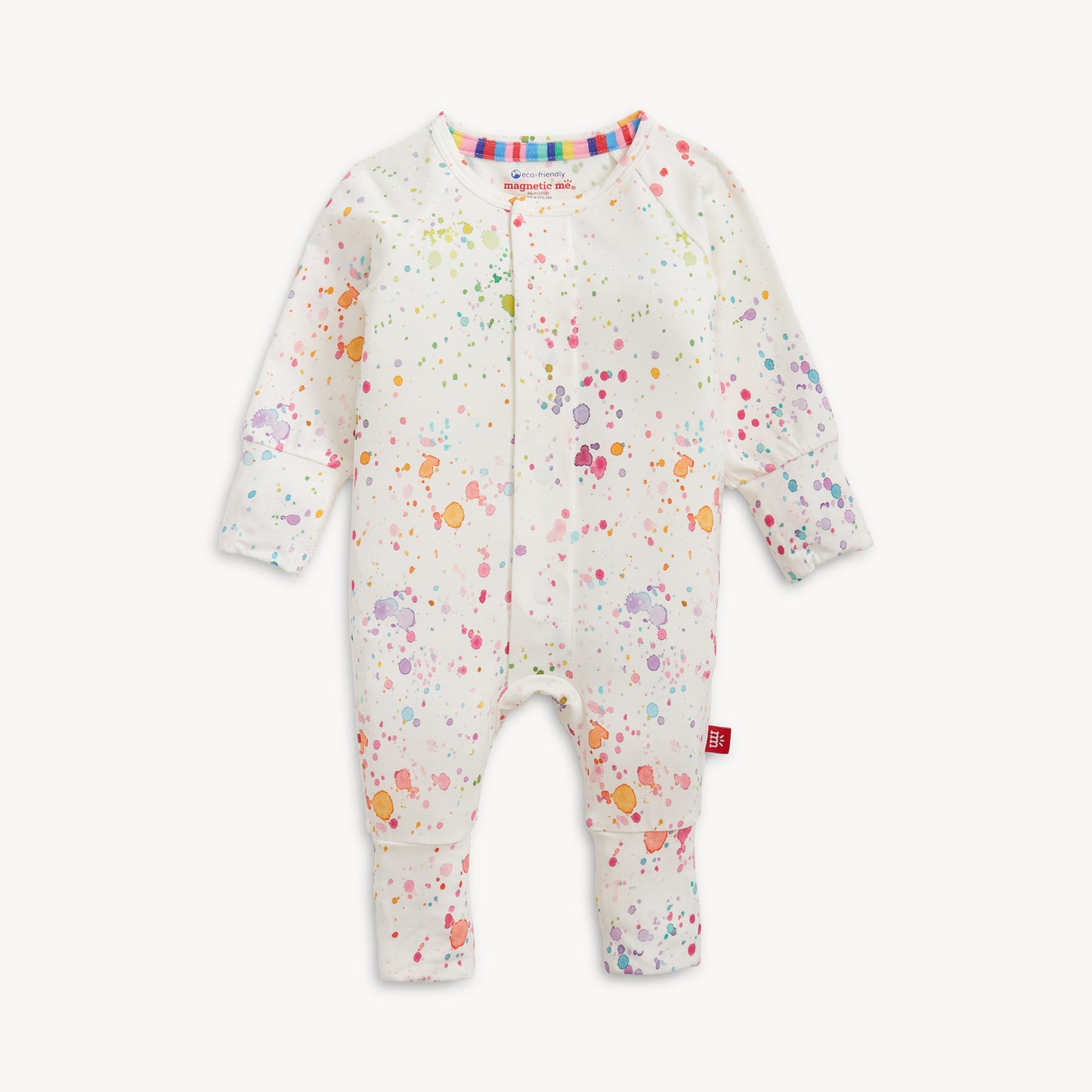 Baby onesie with colorful patterns on a white background