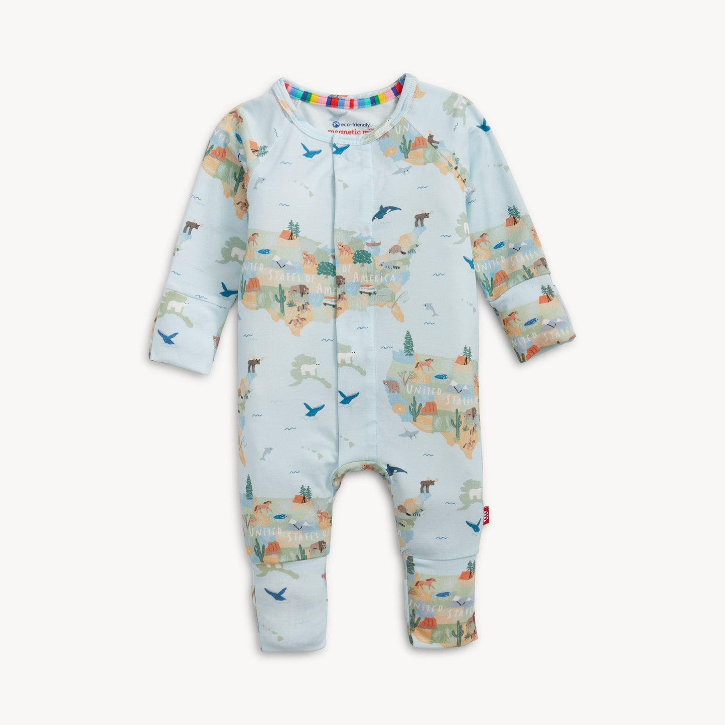 Baby onesie with colorful animal pattern on a white background