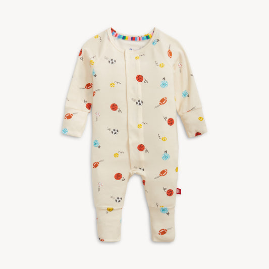 Baby onesie with colorful patterns on a white background