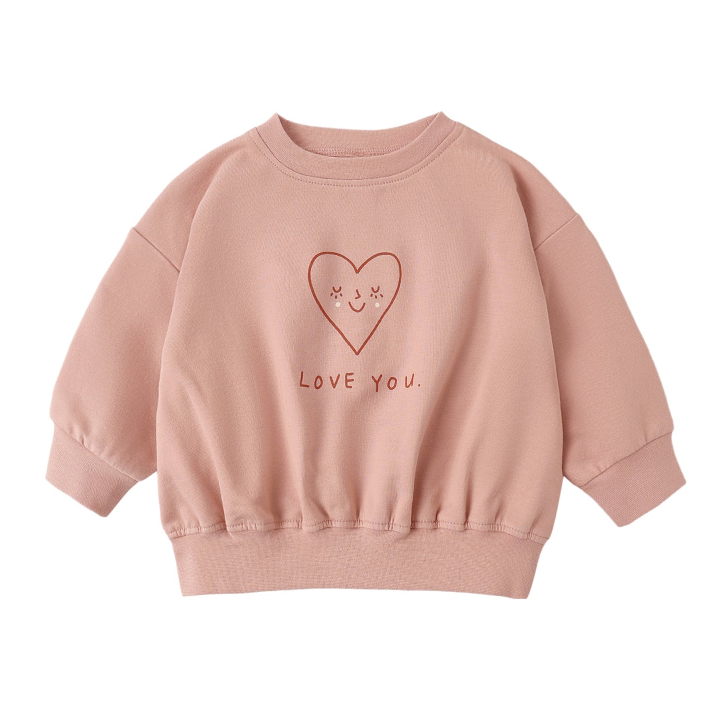 Pink sweatshirt with a heart and 'LOVE YOU' text on a white background