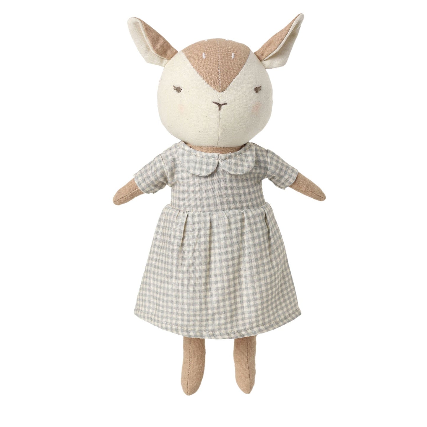 A plush stuffed animal shaped like a deer or goat wearing a small gingham dress, shown against a plain white background.