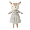 A plush stuffed animal shaped like a deer or goat wearing a small gingham dress, shown against a plain white background.