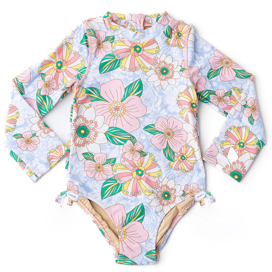 Floral patterned swimsuit with long sleeves on a white background