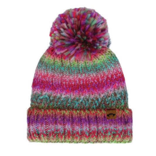 Multicolored knit beanie with a pom-pom on a white background