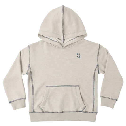 Beige hoodie with 'PLAY' text on a white background