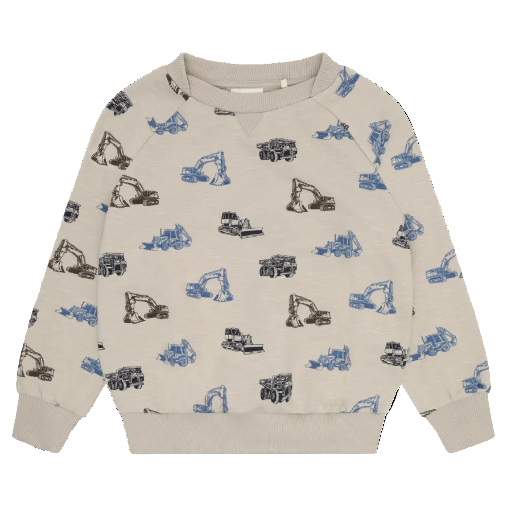 Beige sweatshirt with construction vehicle pattern on a white background