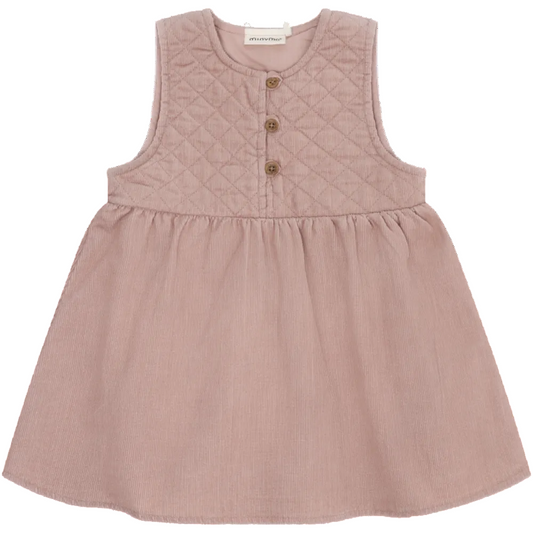 Pink sleeveless dress with button details on a white background