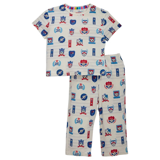 Children's pajama set with cartoon character pattern on a white background