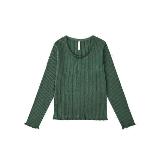 Green ribbed long-sleeve shirt on a white background