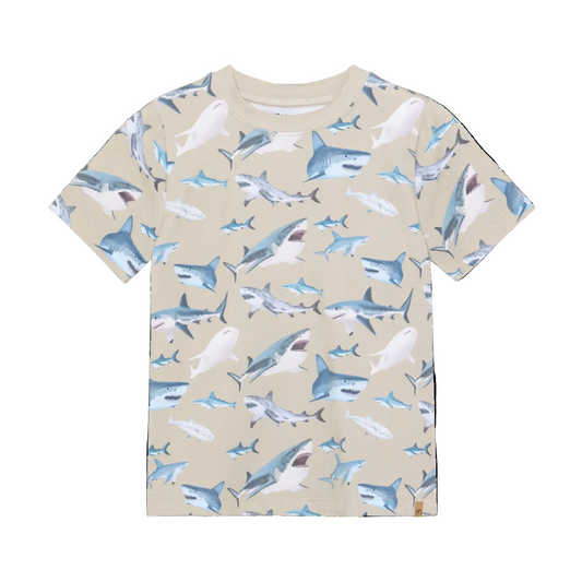 T-shirt with shark pattern on a beige background