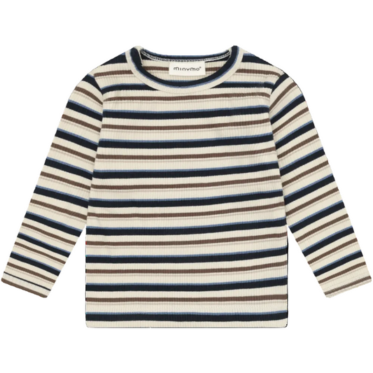 Striped long-sleeve shirt with blue and beige stripes on a white background