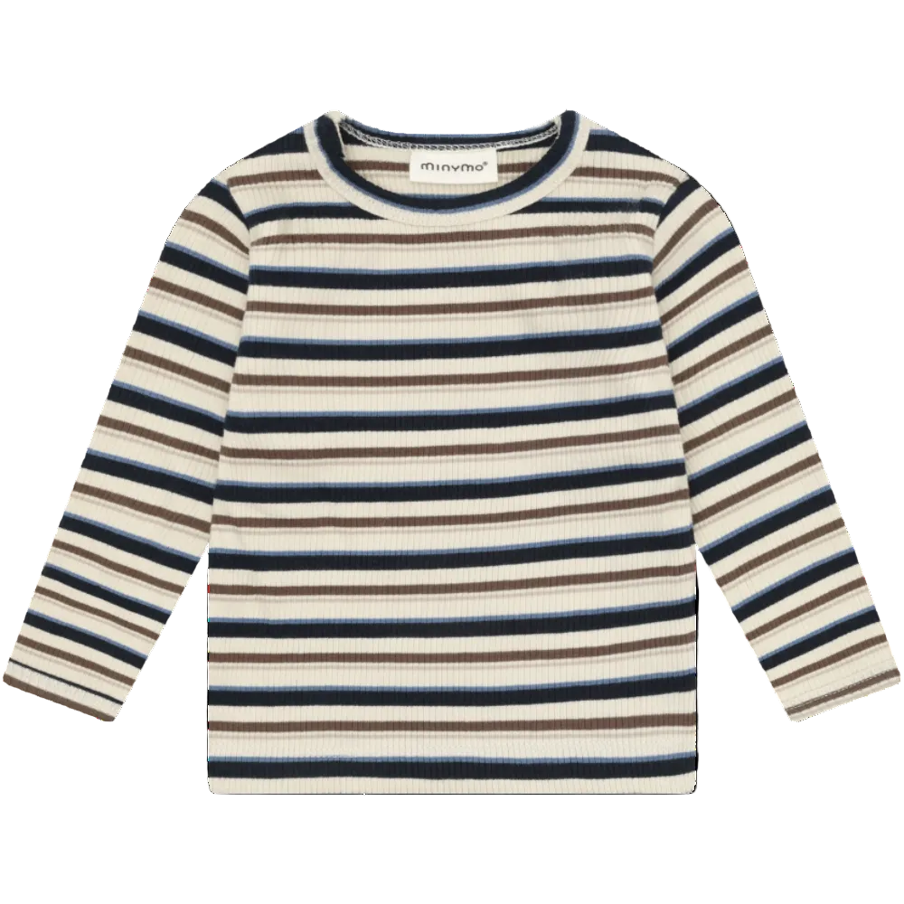Striped long-sleeve shirt with blue and beige stripes on a white background