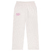 White pajama pants with pink floral pattern and 'Happy Valley' text on a white background