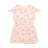 Pink dress with palm tree sunset pattern