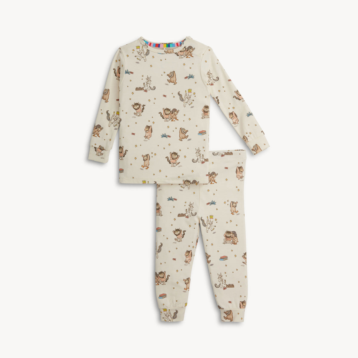A pajama set for children with animal patterns and magnetic fasteners.