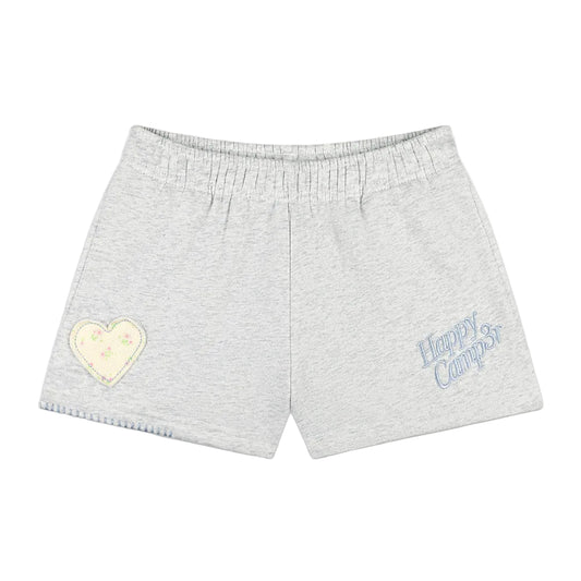 Gray shorts with a heart design and 'Happy Campers' text on a white background