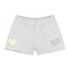 Gray shorts with a heart design and 'Happy Campers' text on a white background