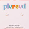 Earrings on a 'pierced' branded card with a pink background