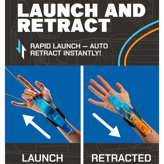 Product advertisement showing a wrist device with launch and retract features, featuring text and arrows indicating the action.