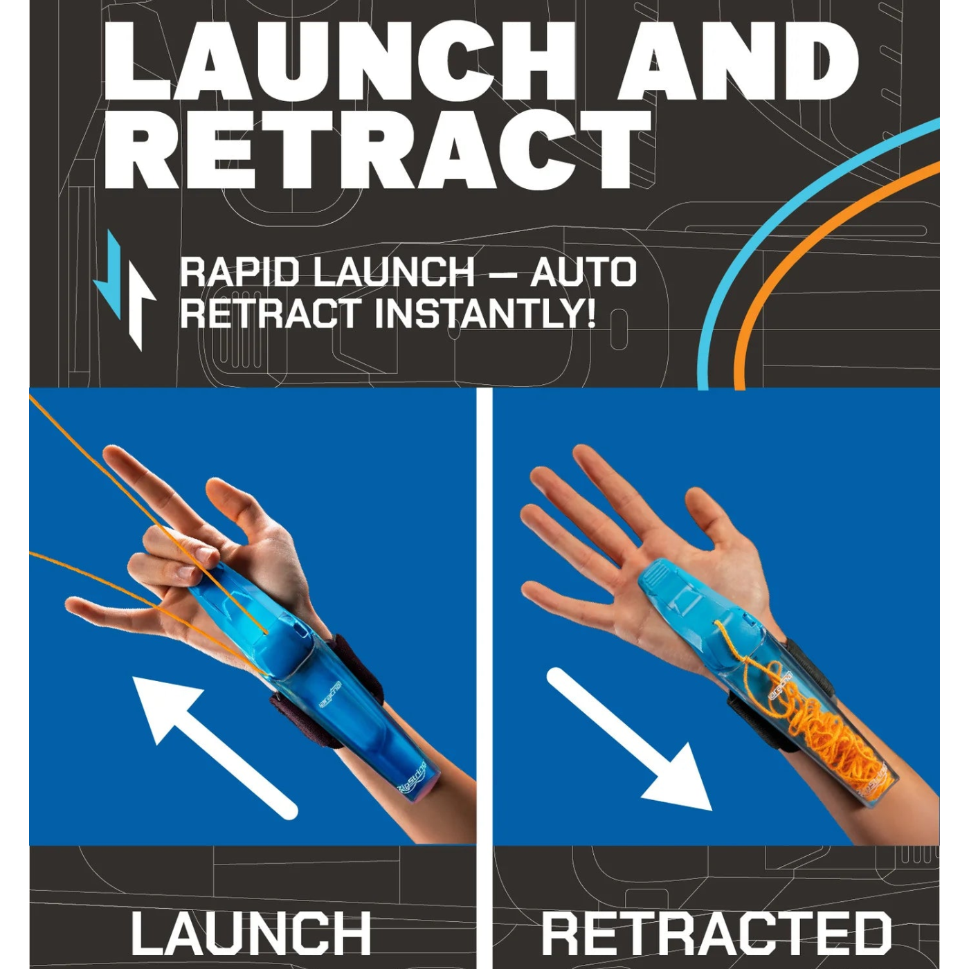 Product advertisement showing a wrist device with launch and retract features, featuring text and arrows indicating the action.