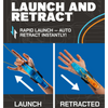 Product advertisement showing a wrist device with launch and retract features, featuring text and arrows indicating the action.
