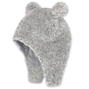 Gray fuzzy hat with earflaps and pom-poms on a white background