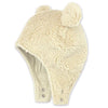 Cream-colored sherpa trapper hat with two pom-poms on a white background
