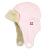 Pink knit baby hat with beige earflaps on a white background