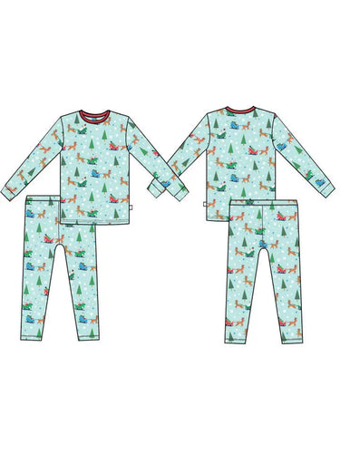Aqua Reindeer Sleigh Pajama Set 140 BOYS APPAREL 2-8 Macaron & Me 