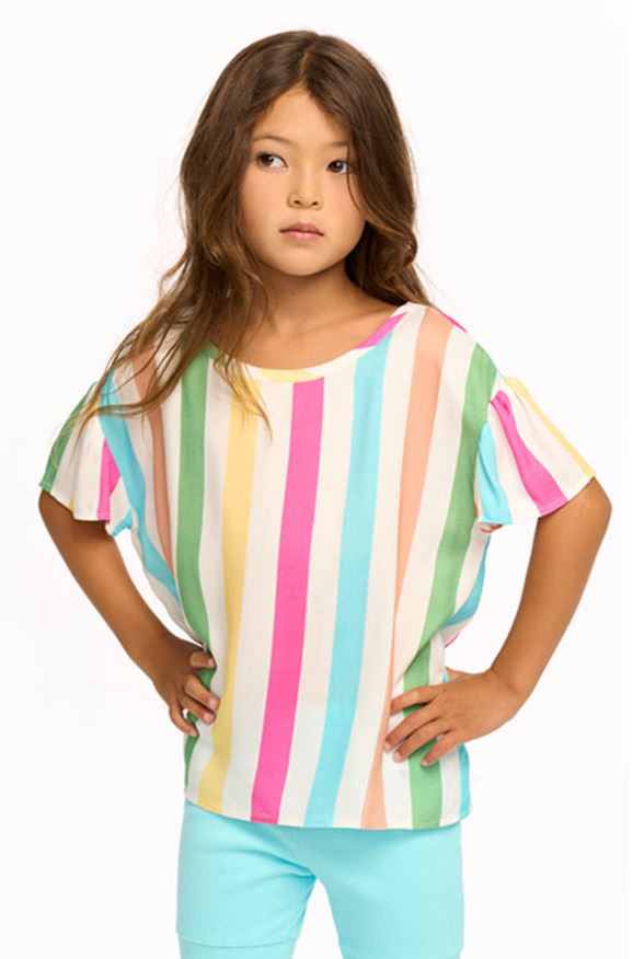 Rainbow Stripe Flutter Sleeve Top 160 GIRLS APPAREL TWEEN 7-16 Chaser 7 