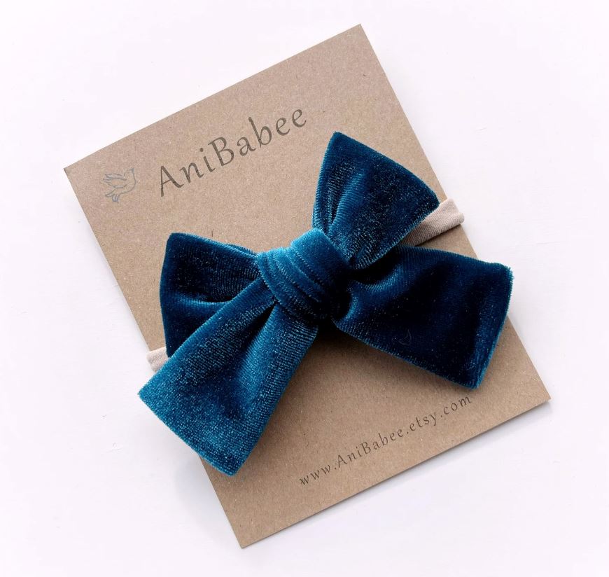 Velvet Bow Headbands 999 DISTRESS Anibabee Teal Blue 